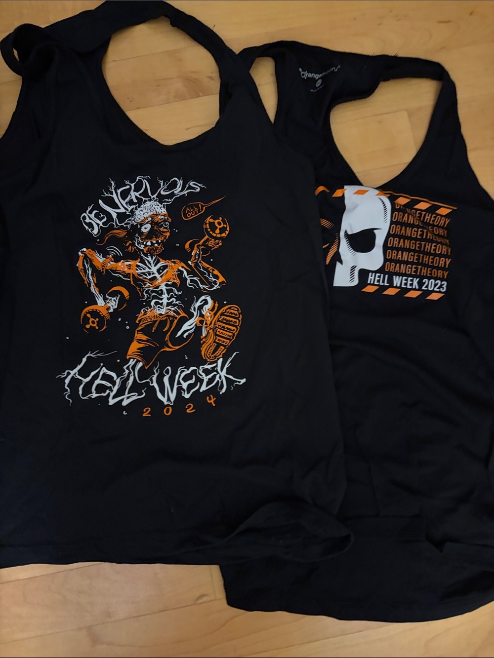 Orangetheory Black Racerback Tank Tops with Orange & White Hell Week Graphics